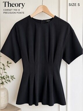 Theory Precision Ponte Corset Blouse Black Sculpted Peplum Top Size S